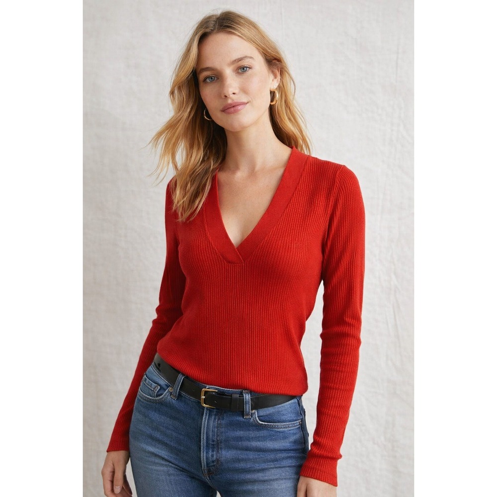 Maeve‎ Anthropologie Red Ribbed V-Neck Long Sleeve Sweater Size M OB1243812